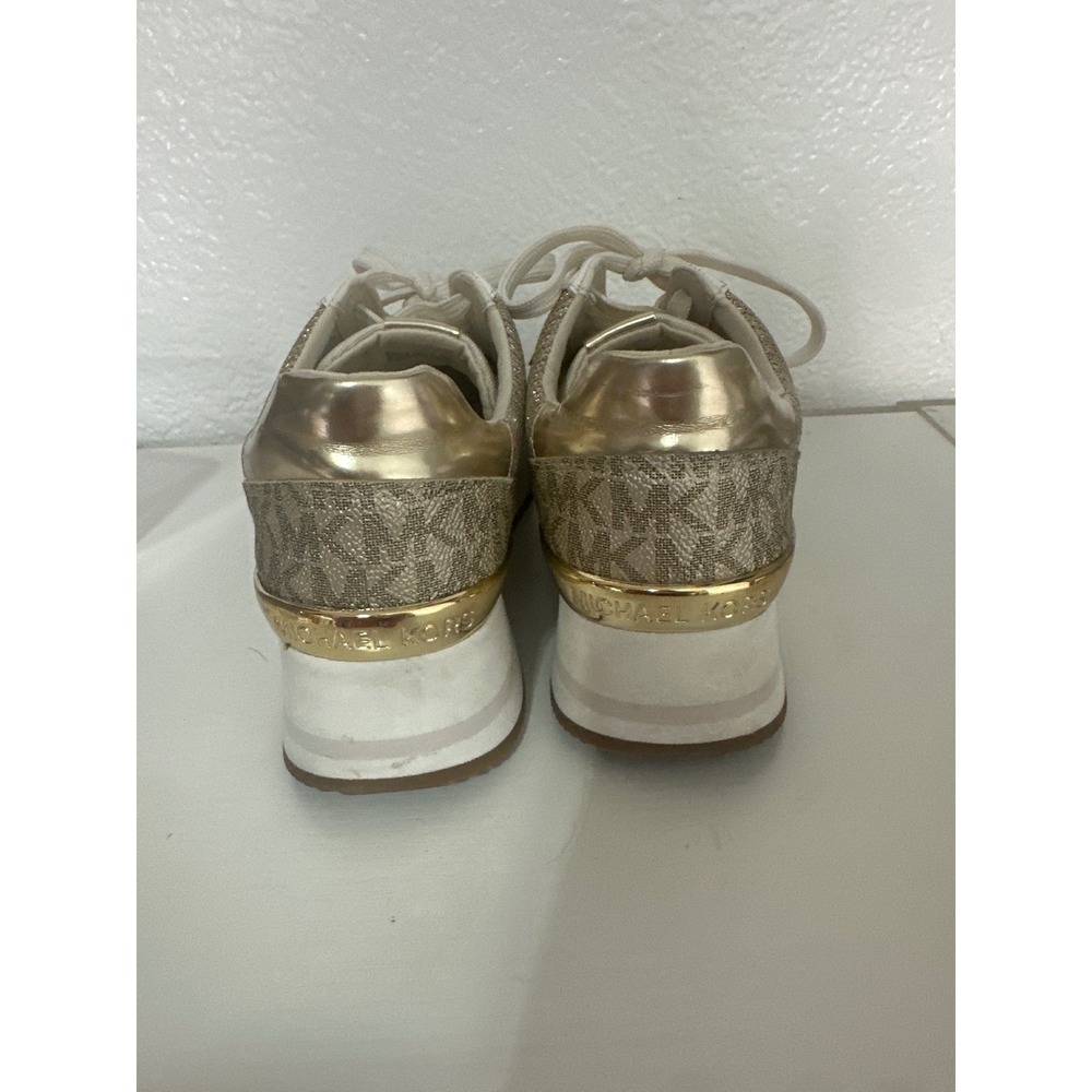 Michael Kors Sneakers Platform Gold Glitter Logo Lace Up Casual Shoes - Picture 3 of 9